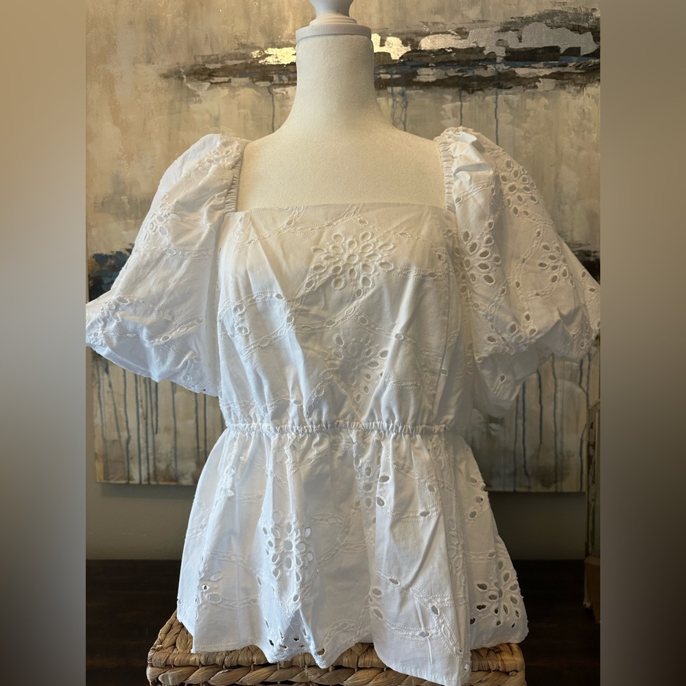 Saks Fifth Avenue Spring Puffy Sleeved Embroidered Blouse